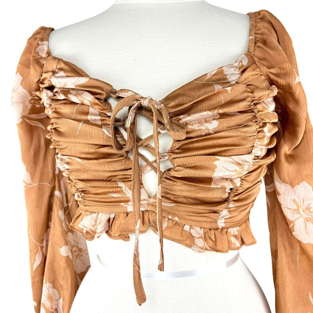 Mienne Crop Top Lace Front Blouse Long Sleeve Carmel M